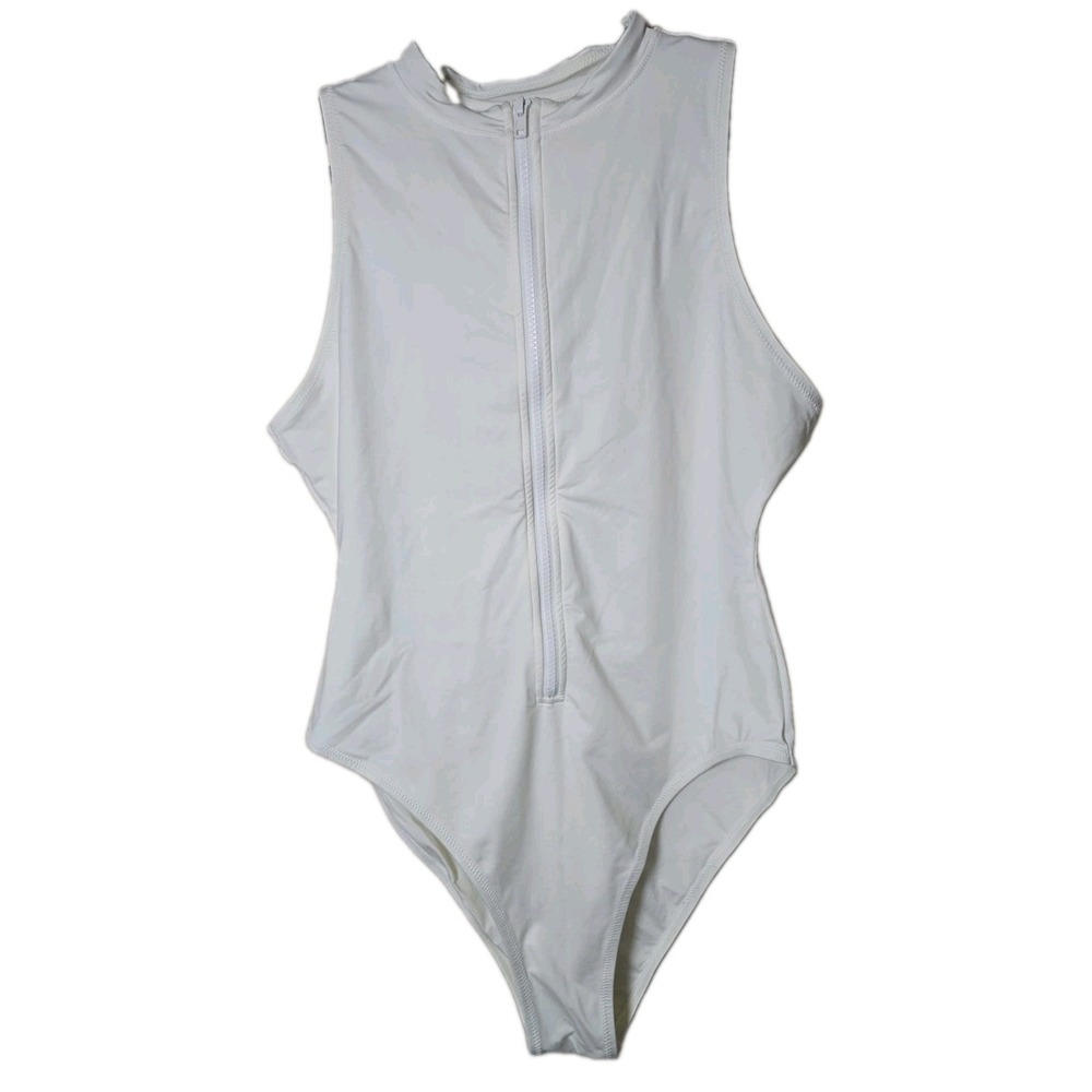 SKIMS Signature Zip Front One-Piece Swimsuit Size XL Rash Guard White Beach t73